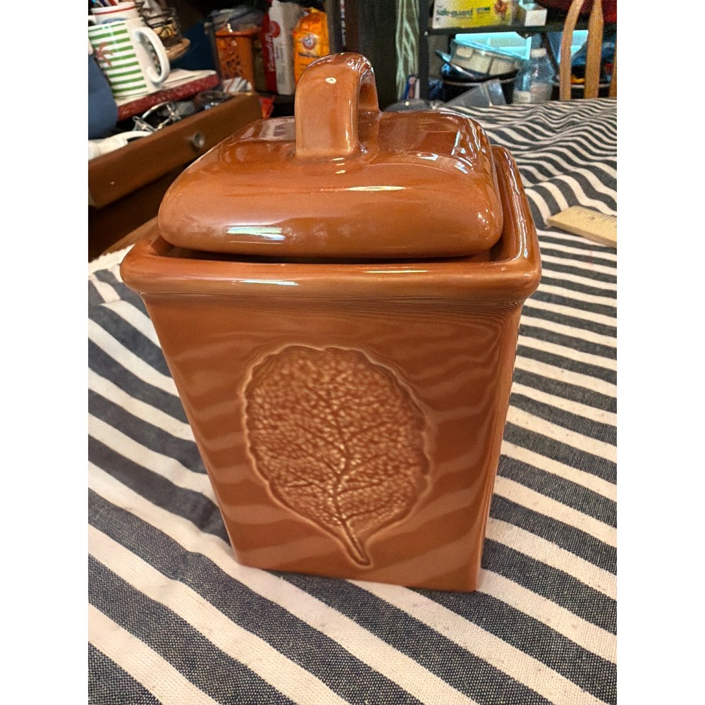 Lillian Vernon Terracotta Orange Ceramic Leaf Canister Jar with Lid Fall Decor